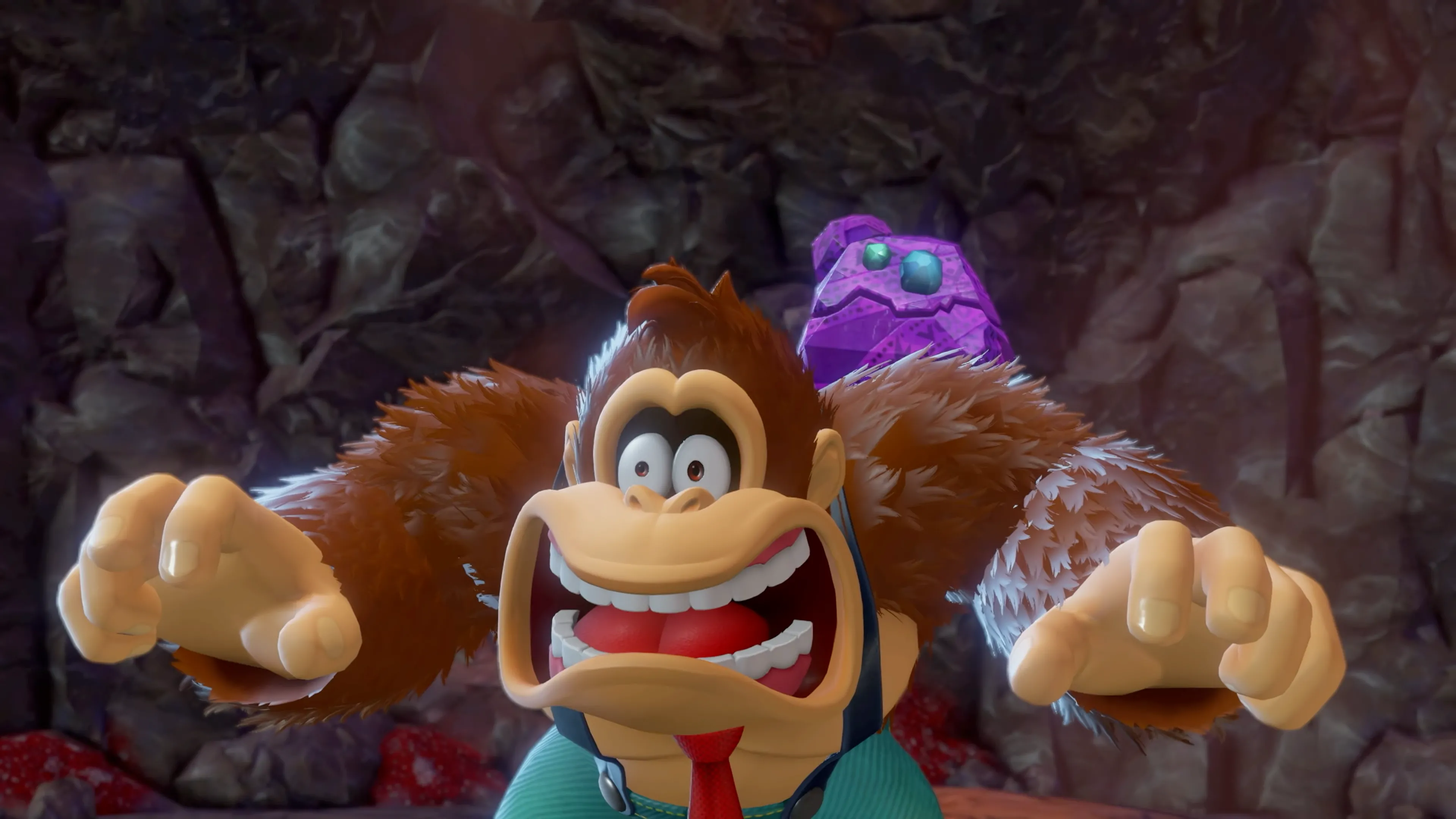 Nhân vật Donkey Kong với biểu cảm ngạc nhiên trong game Donkey Kong Bananza trên Switch 2