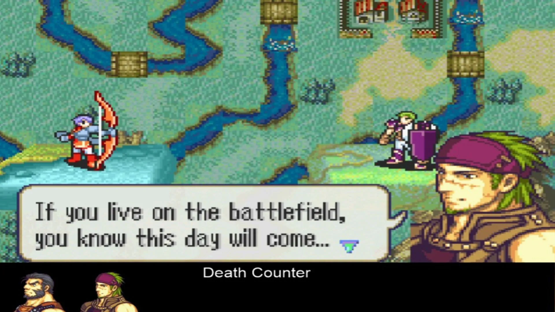 Nhân vật Gerik trong Fire Emblem: The Sacred Stones hy sinh trên chiến trường, thể hiện sự mất mát vĩnh viễn trong Iron Man run.