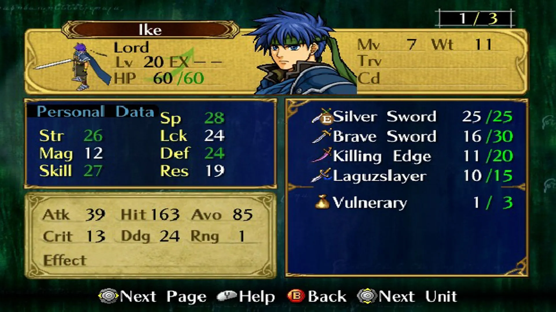 Nhân vật Ike với các chỉ số tối đa trong Fire Emblem: Path of Radiance, minh họa việc tăng cường sức mạnh nhân vật một cách tối ưu.