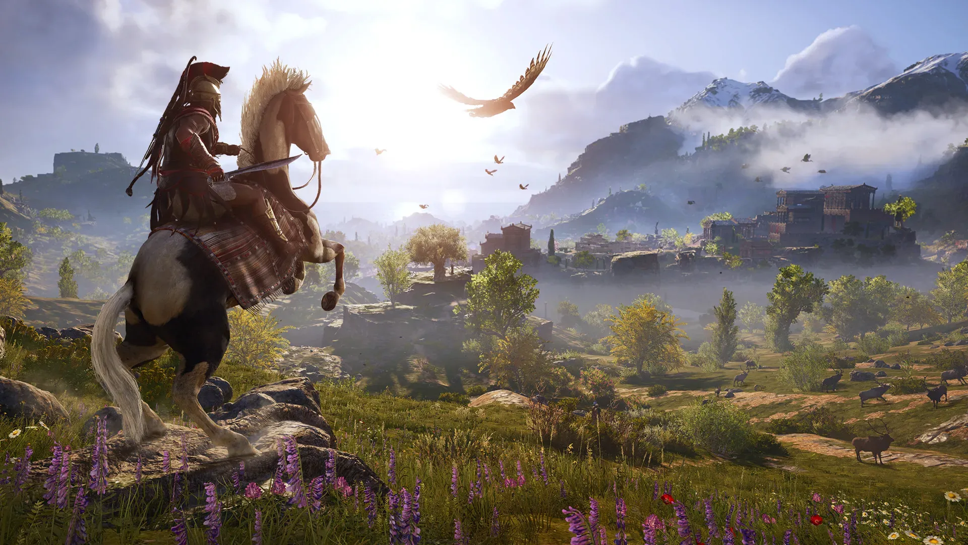 Nhân vật Kassandra trong Assassin’s Creed Odyssey, trong trang phục Spartan trên bối cảnh Hy Lạp cổ đại