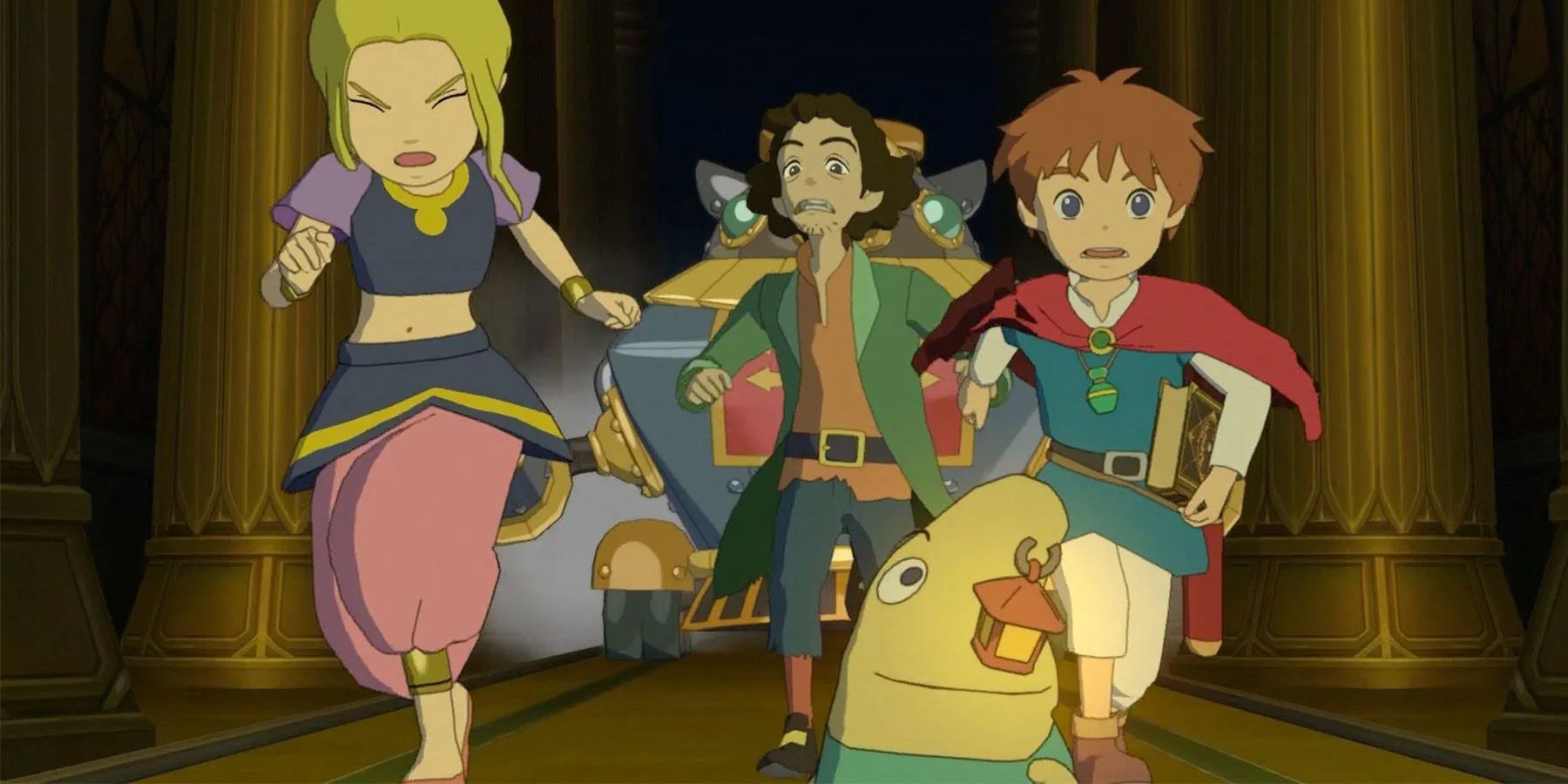 Nhân vật Oliver từ Ni no Kuni: Wrath of the White Witch và linh vật Drippy của cậu ấy đứng giữa một cánh đồng hoa rực rỡ dưới ánh nắng mặt trời.