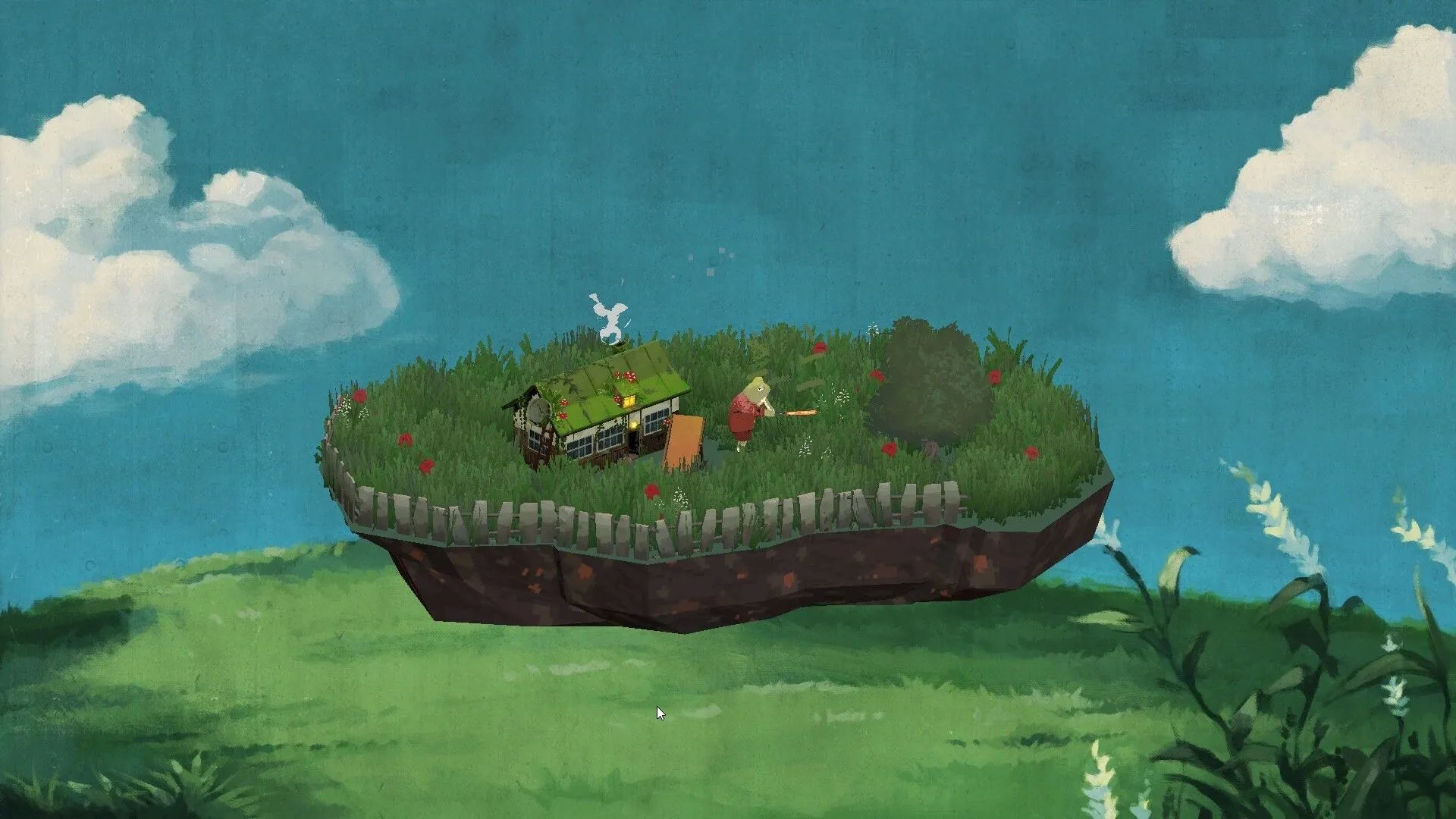 Nhân vật Ropuka ếch đang cắt cỏ trên hòn đảo của mình trong game Ropuka's Idle Island.