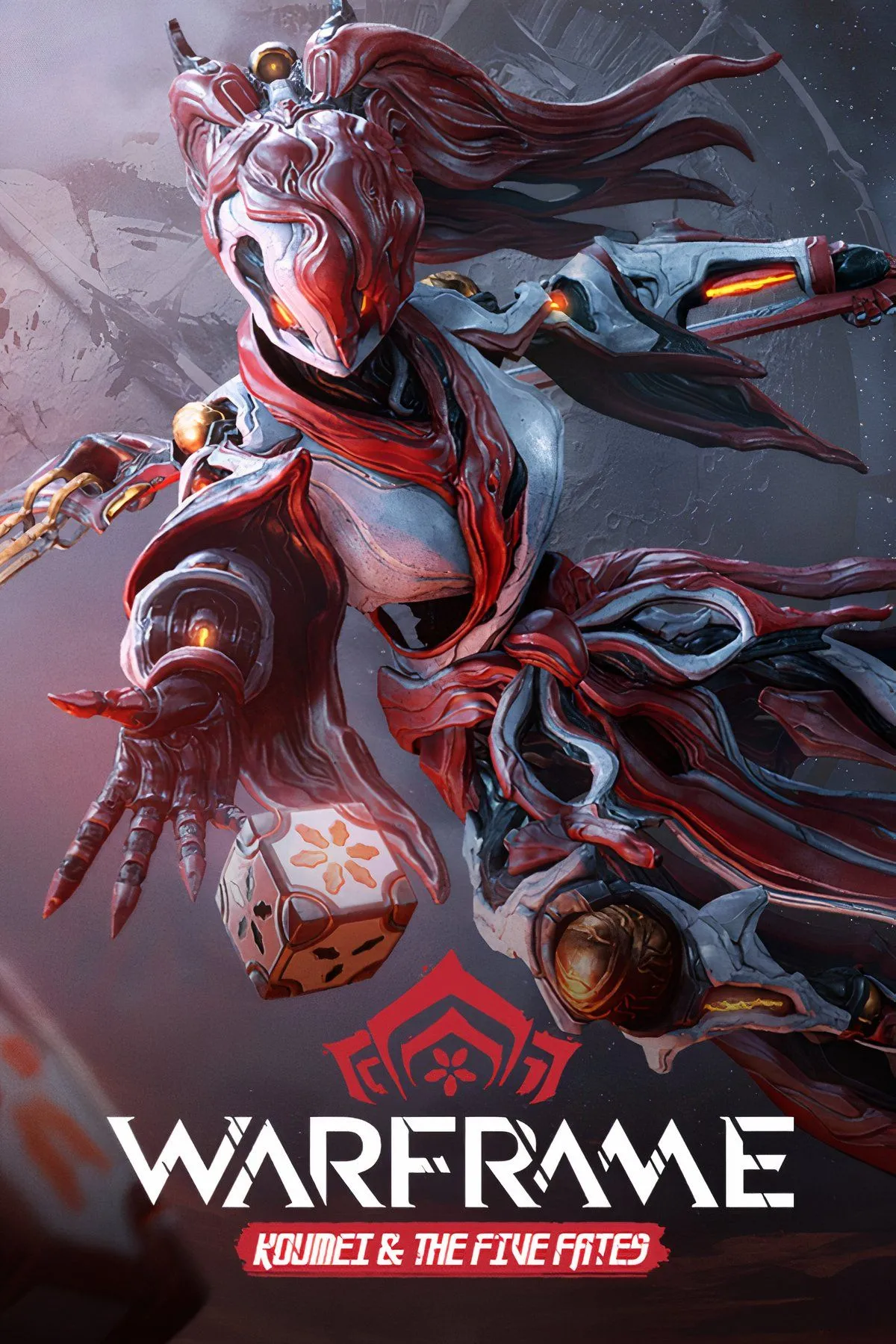 Nhân vật Warframe với bộ giáp công nghệ cao đang chiến đấu trong một môi trường khoa học viễn tưởng