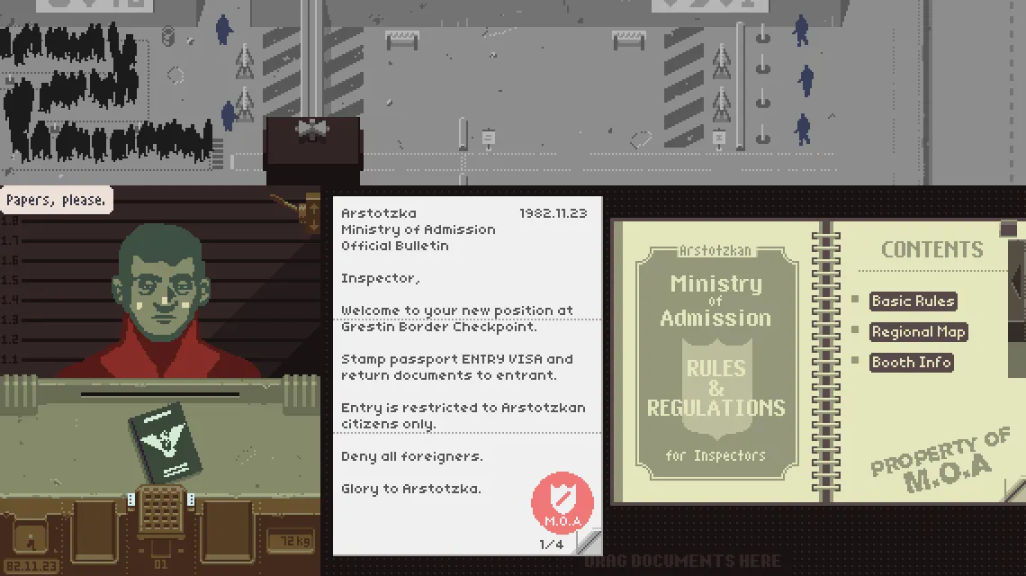 Nhân viên kiểm soát biên giới làm việc trong buồng kiểm tra hộ chiếu trong game Papers, Please, thể hiện sự căng thẳng của công việc.