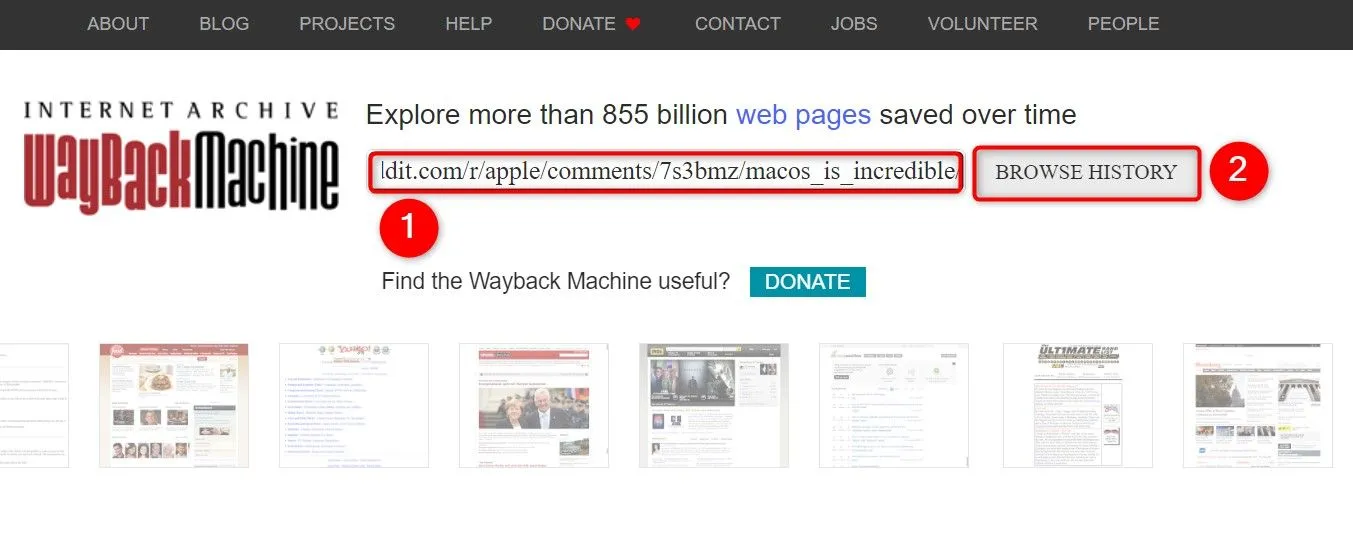 Nhập URL bài đăng Reddit vào Wayback Machine để xem lịch sử