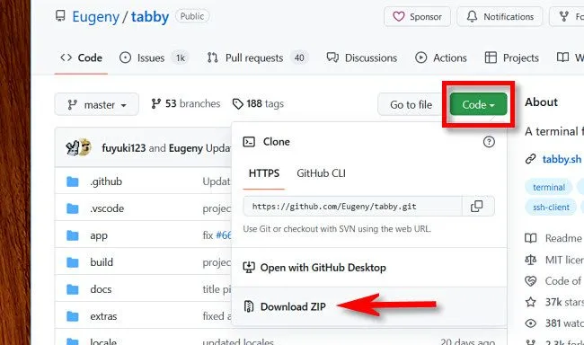 Nhấp vào nút Code và chọn Download ZIP để tải mã nguồn thô từ GitHub