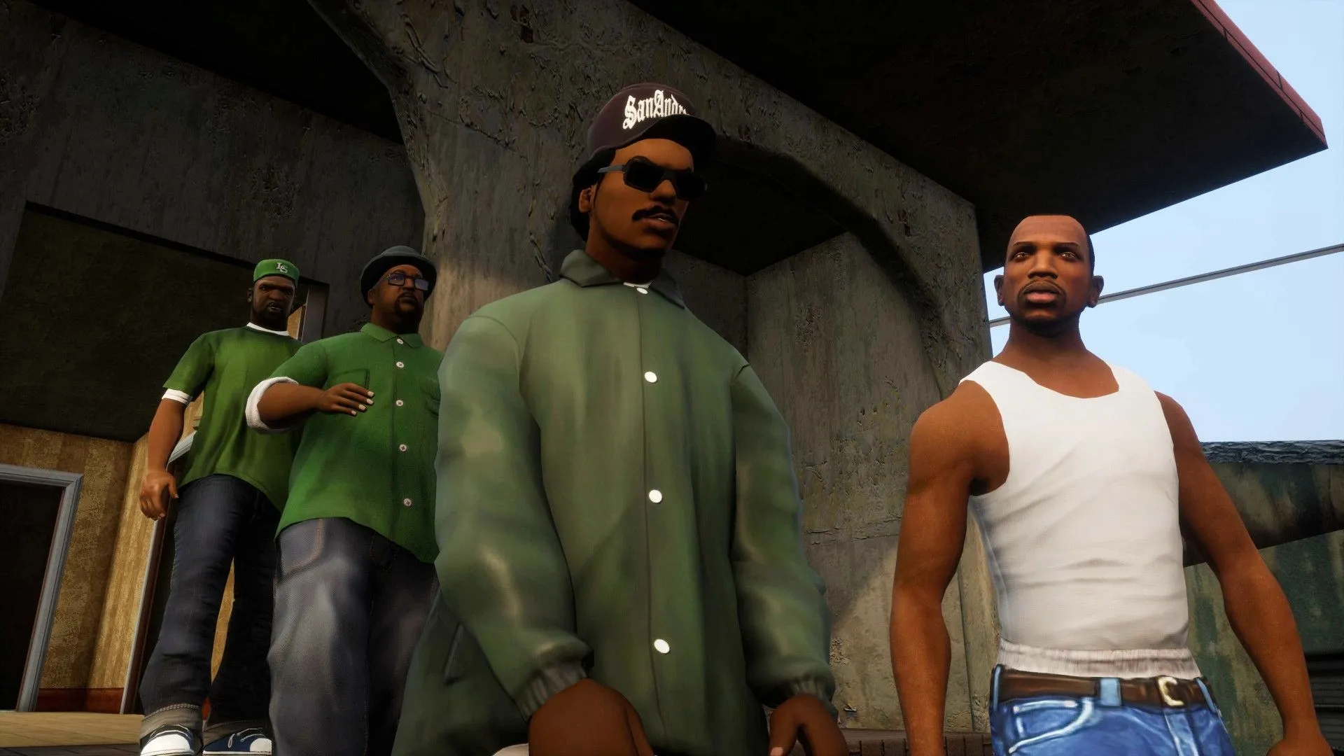 Nhóm Grove Street Gang trong Grand Theft Auto: San Andreas Definitive Edition, thể hiện cải tiến của Rockstar Australia