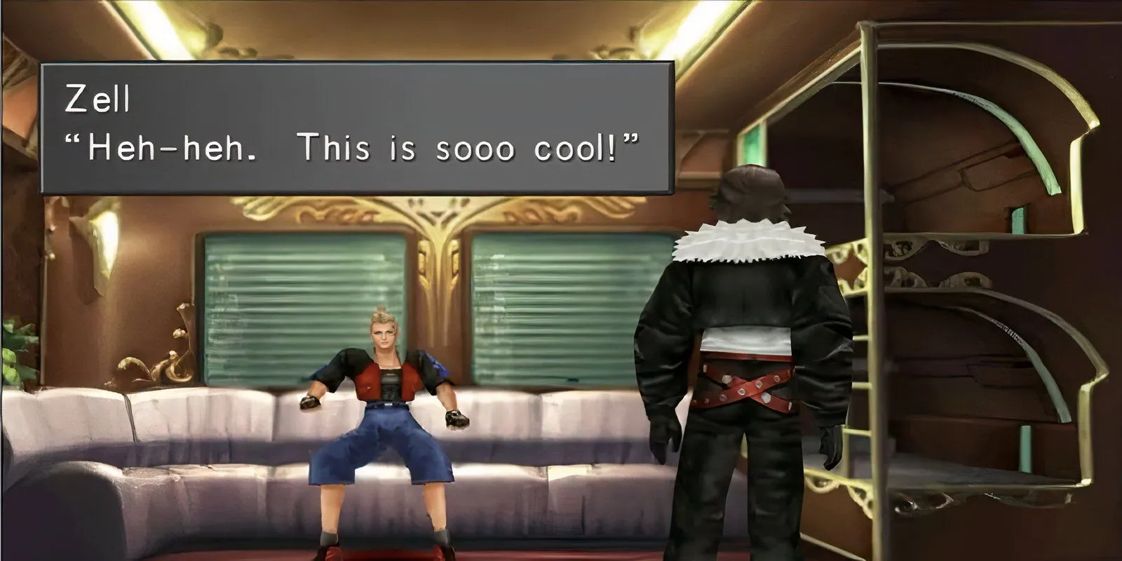 Nhóm nhân vật chính của Final Fantasy VIII trên chuyến tàu hỏa, một phân cảnh quen thuộc trong game nhập vai huyền thoại.