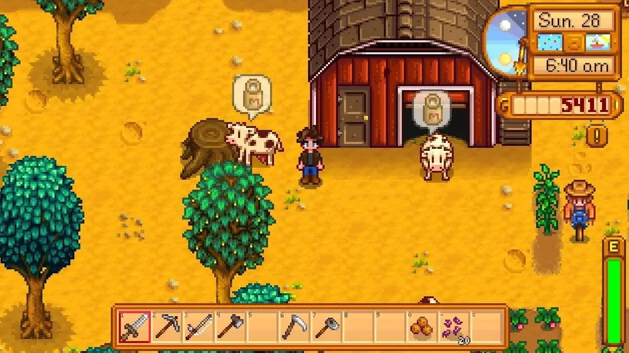 Những con bò trên nông trại Stardew Valley với chỉ báo trên đầu cho thấy chúng cần được chăm sóc hoặc đã sẵn sàng vắt sữa, minh họa tiện ích của mod Better Ranching.