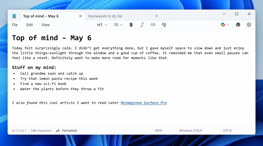 Notepad hỗ trợ Markdown với thanh công cụ định dạng mới trên Windows 11