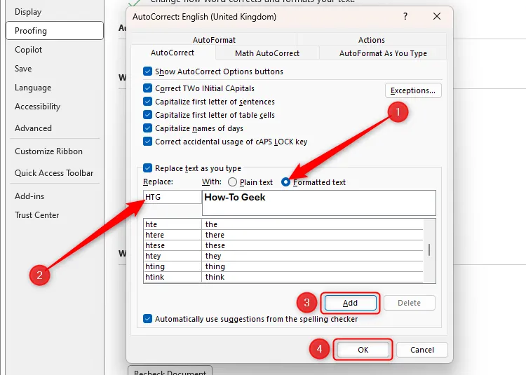 Nút chọn Formatted Text được đánh dấu trong hộp thoại AutoCorrect của Microsoft Word, hiển thị văn bản 'How-To Geek' in đậm.