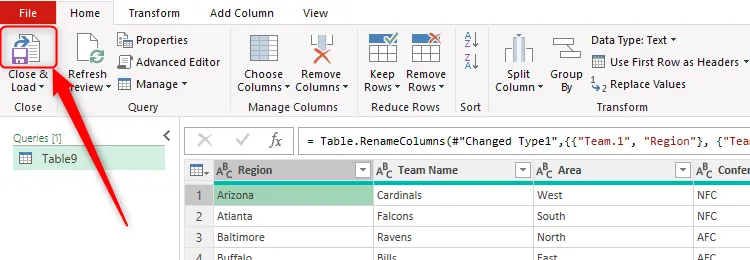Nút &quot;Close And Load&quot; (Đóng và Tải) trong Power Query Editor của Excel được chọn để đưa dữ liệu đã xử lý về bảng tính.