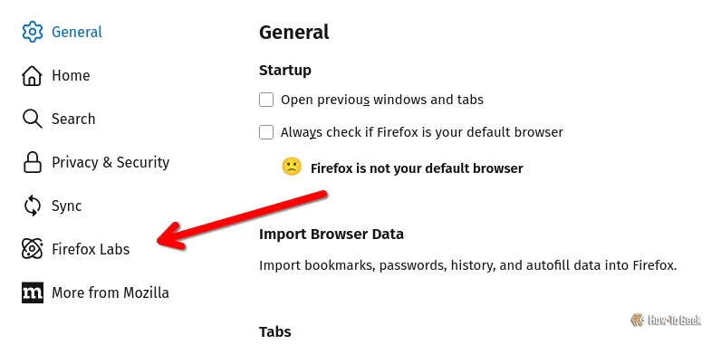 Nút Firefox Labs trong menu điều hướng cài đặt của trình duyệt Firefox