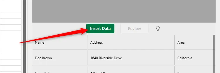 Nút Insert Data trong thanh Data From Picture để chèn dữ liệu vào bảng tính Excel