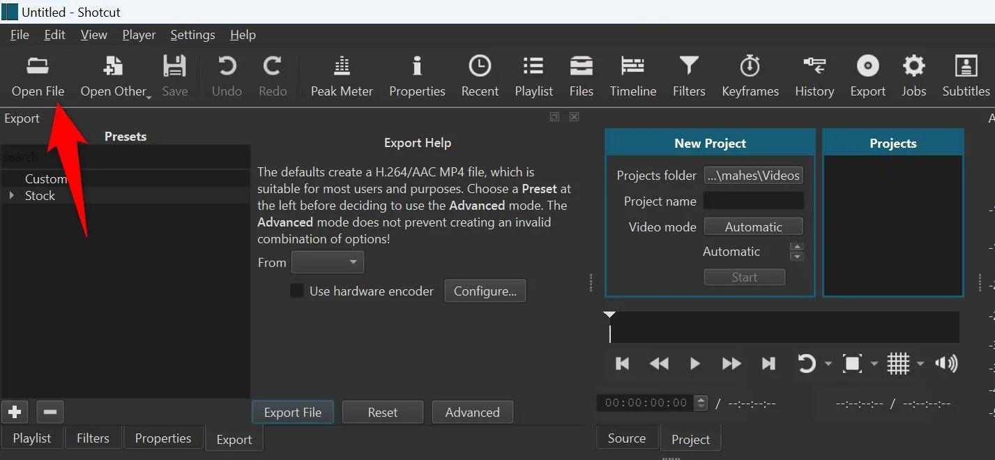 Nút &quot;Open File&quot; để mở video trong giao diện Shotcut.