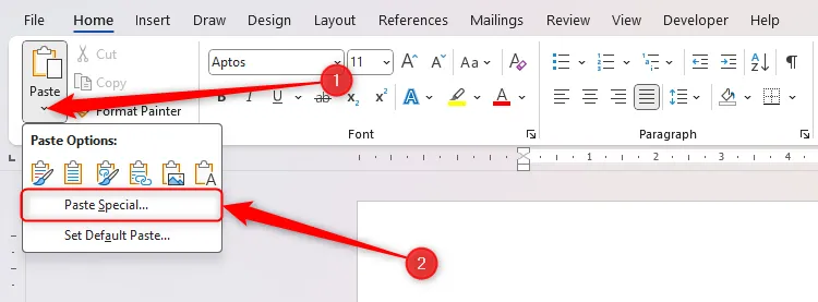 Nút &quot;Paste Special&quot; trong menu thả xuống &quot;Paste&quot; trên thanh Home của Microsoft Word, dùng để dán bảng từ Excel.