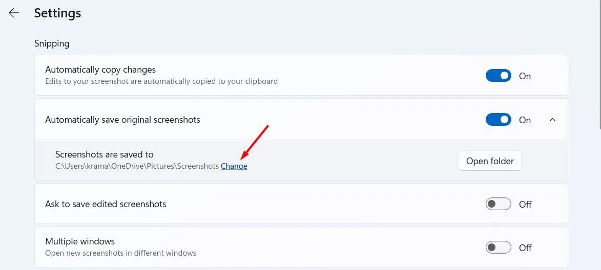 Nút Thay đổi (Change) để tùy chỉnh vị trí lưu ảnh chụp màn hình trong cài đặt Snipping Tool.