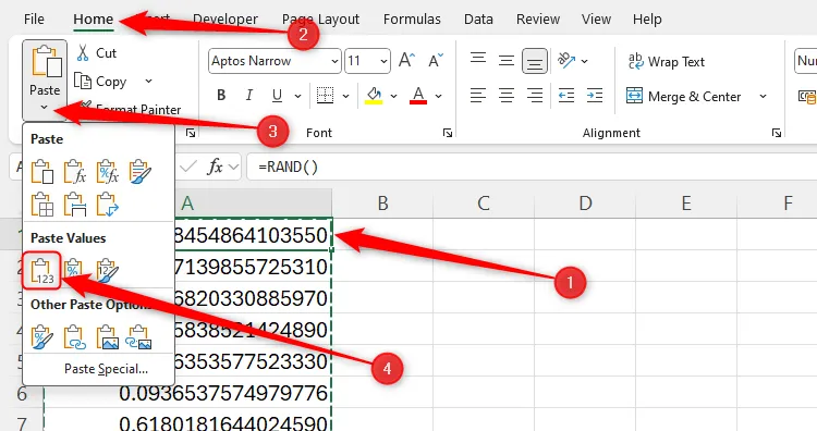 Nút &quot;Values&quot; trong tùy chọn &quot;Paste&quot; trên tab Home của Excel để cố định giá trị số ngẫu nhiên
