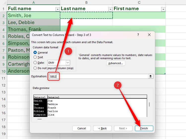 Ô B2 được chọn làm vị trí đích (Destination) trong hộp thoại Convert Text to Columns Wizard của Excel.