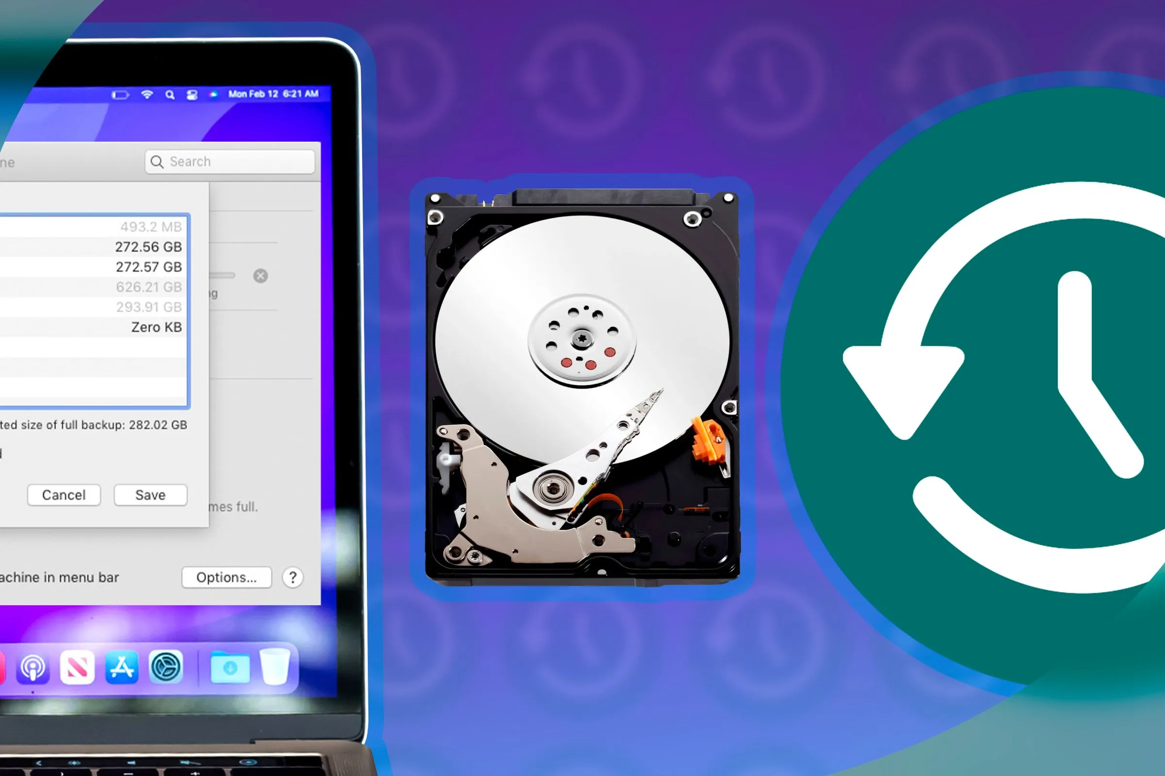 Ổ cứng ngoài và logo Time Machine cùng với MacBook, minh họa giải pháp sao lưu hệ thống.