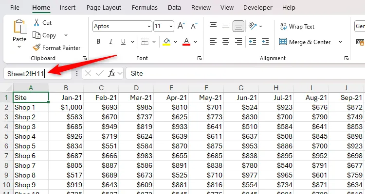Ô làm việc Excel với tham chiếu trang tính và ô Sheet2!H11 được nhập vào hộp tên để truy cập nhanh.