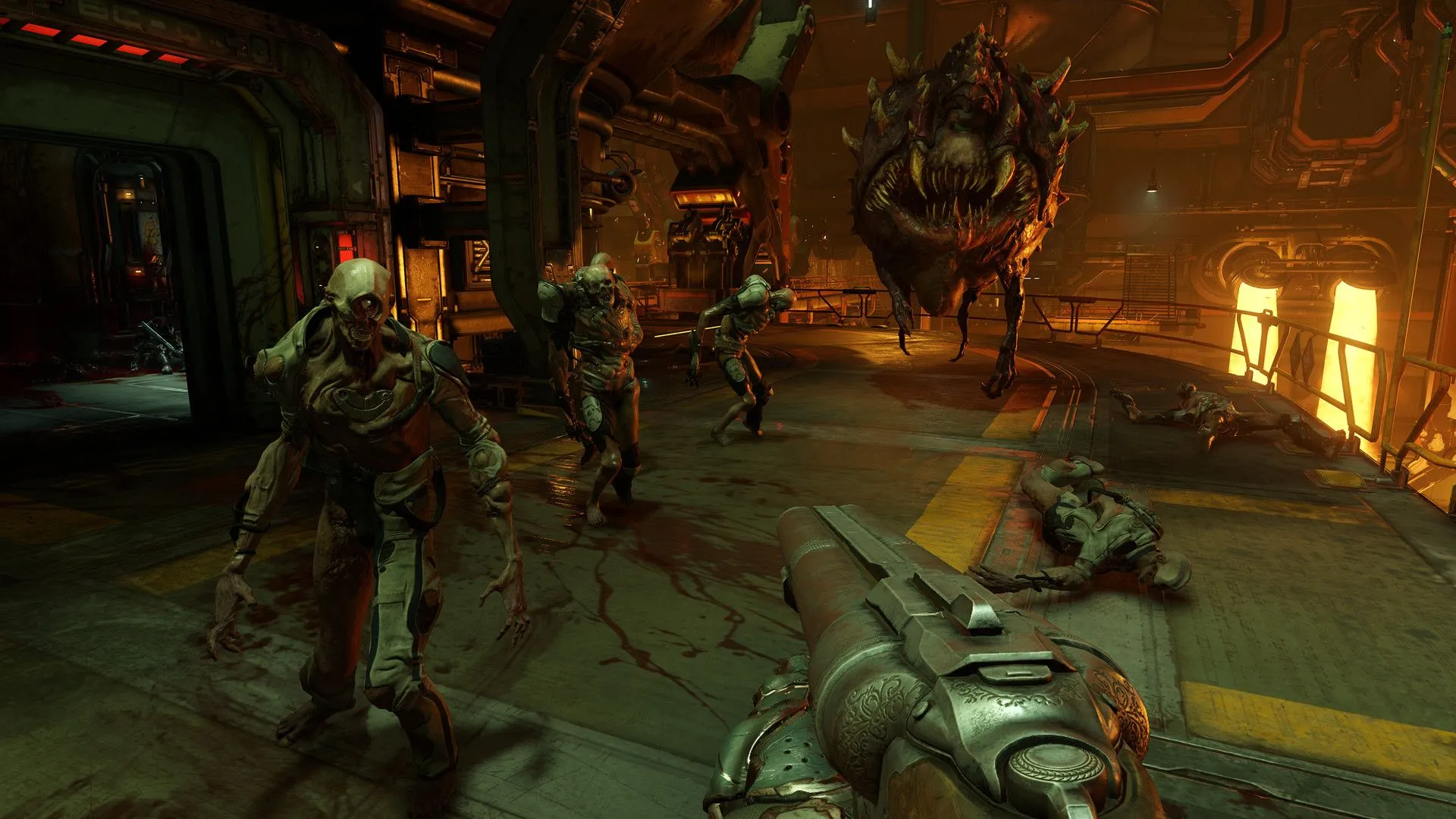Official DOOM 2016 screenshot, demons and the player's shotgun