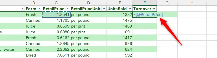 Phần đầu của tham chiếu có cấu trúc sử dụng ngoặc vuông trong Excel