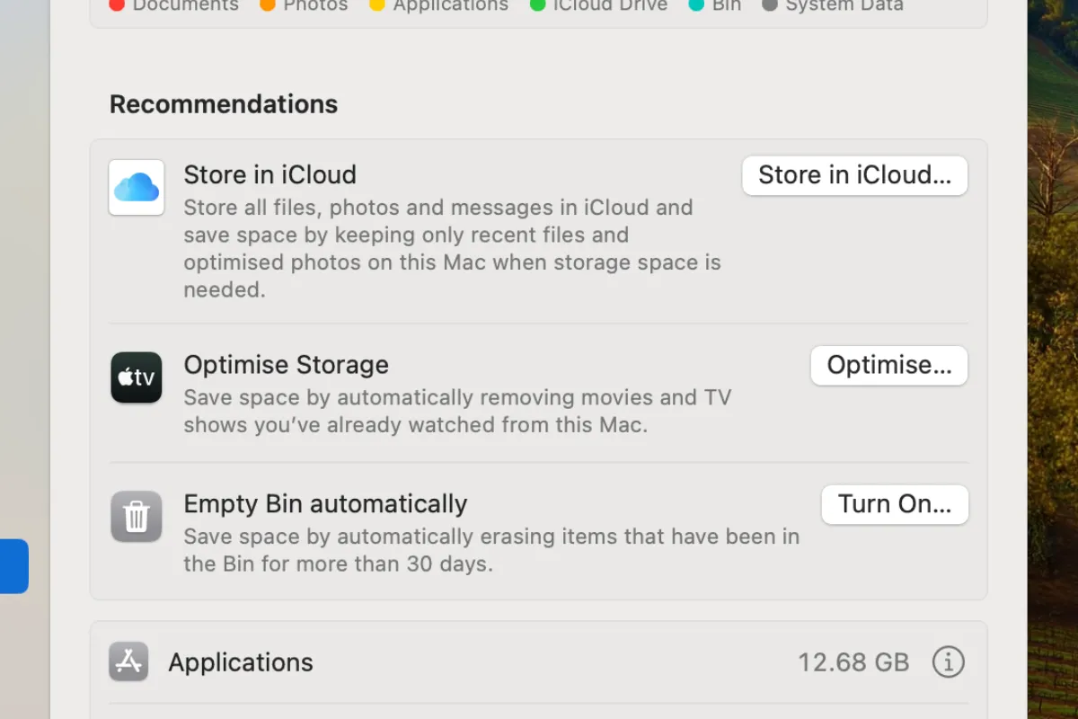 Phần đề xuất trong menu cài đặt dung lượng lưu trữ macOS