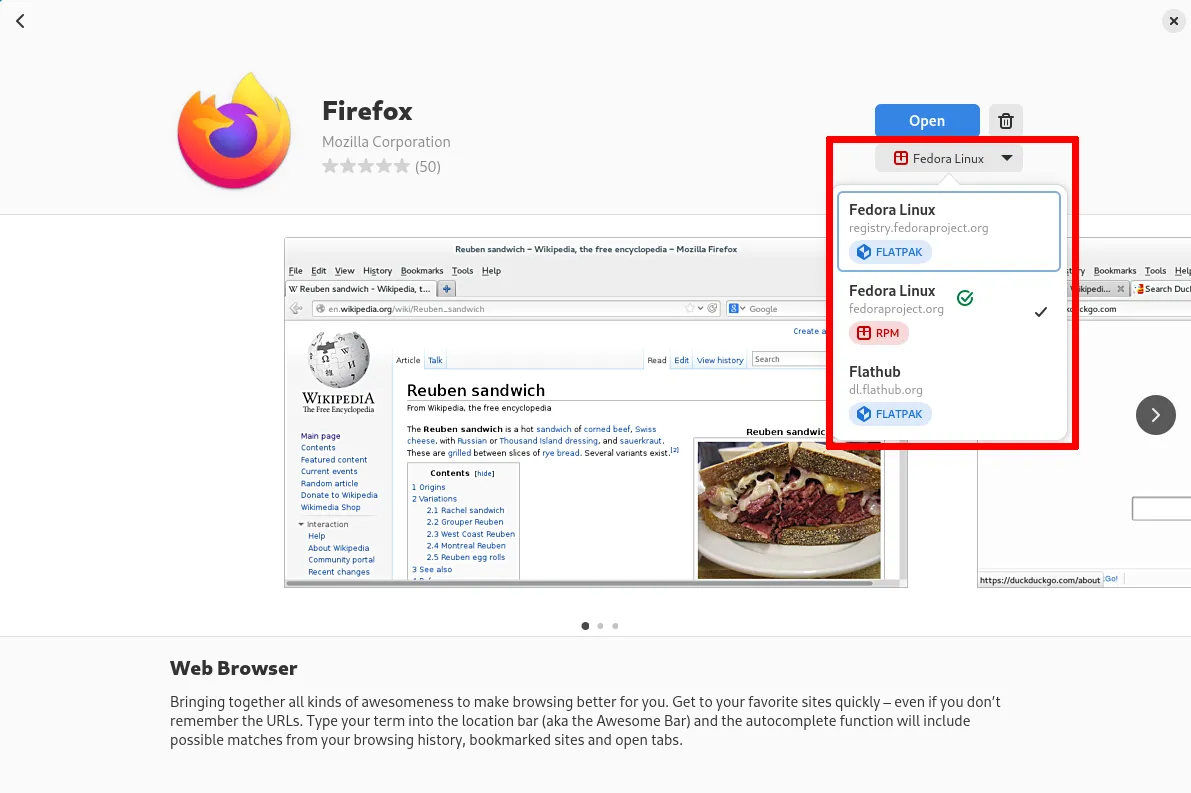 Phần mềm GNOME hiển thị ba tùy chọn kho ứng dụng để cài đặt phần mềm trên Fedora