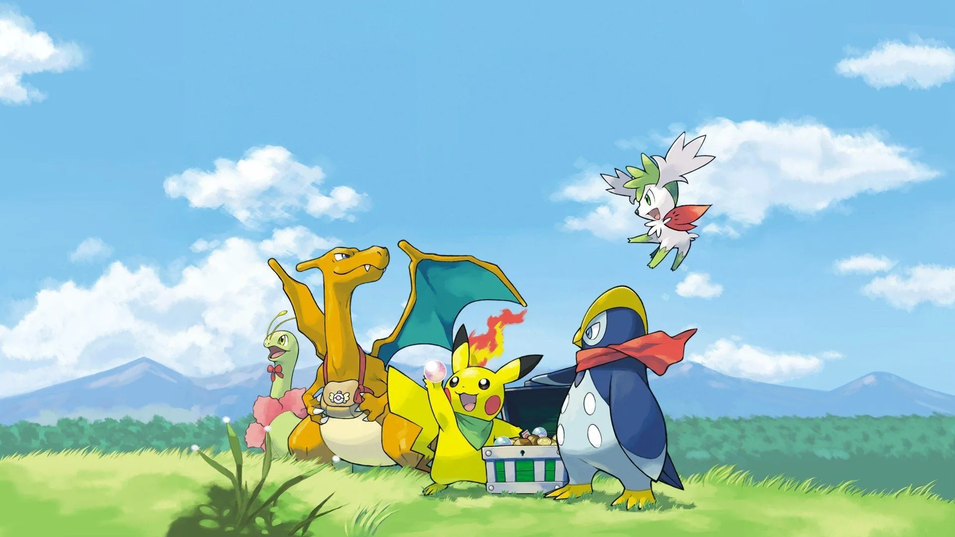 Pikachu, Charizard và các Pokémon khác trong trang phục lấy cảm hứng từ Mystery Dungeon, minh họa tiềm năng cho game Pokémon spin-off phiêu lưu.