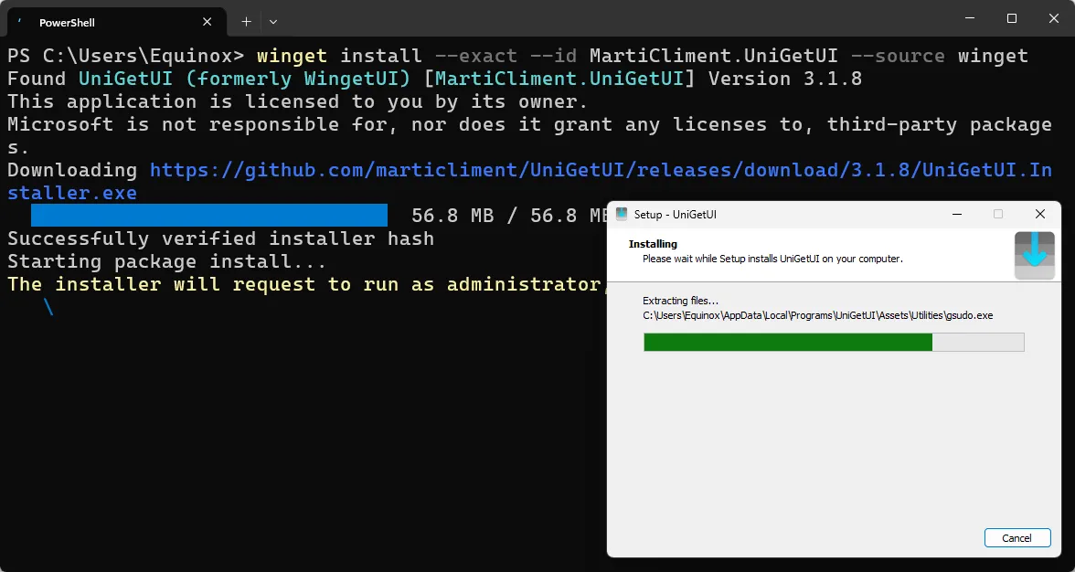 Quá trình cài đặt UniGetUI thông qua lệnh Winget trong Windows Terminal (PowerShell).