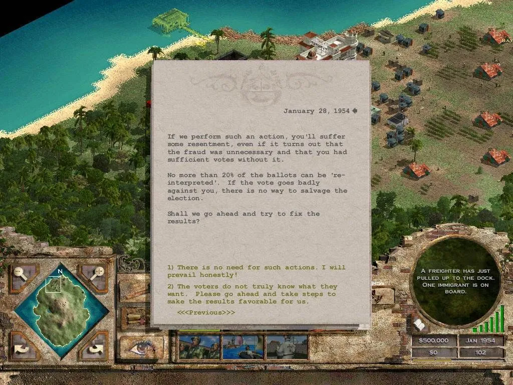 Quản lý tài nguyên và dân số trong game Tropico.