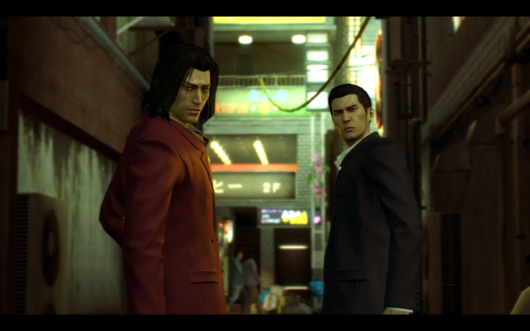 Quang cảnh thành phố Kamurocho rực rỡ ánh đèn neon về đêm trong Yakuza 0, bối cảnh chính của game.