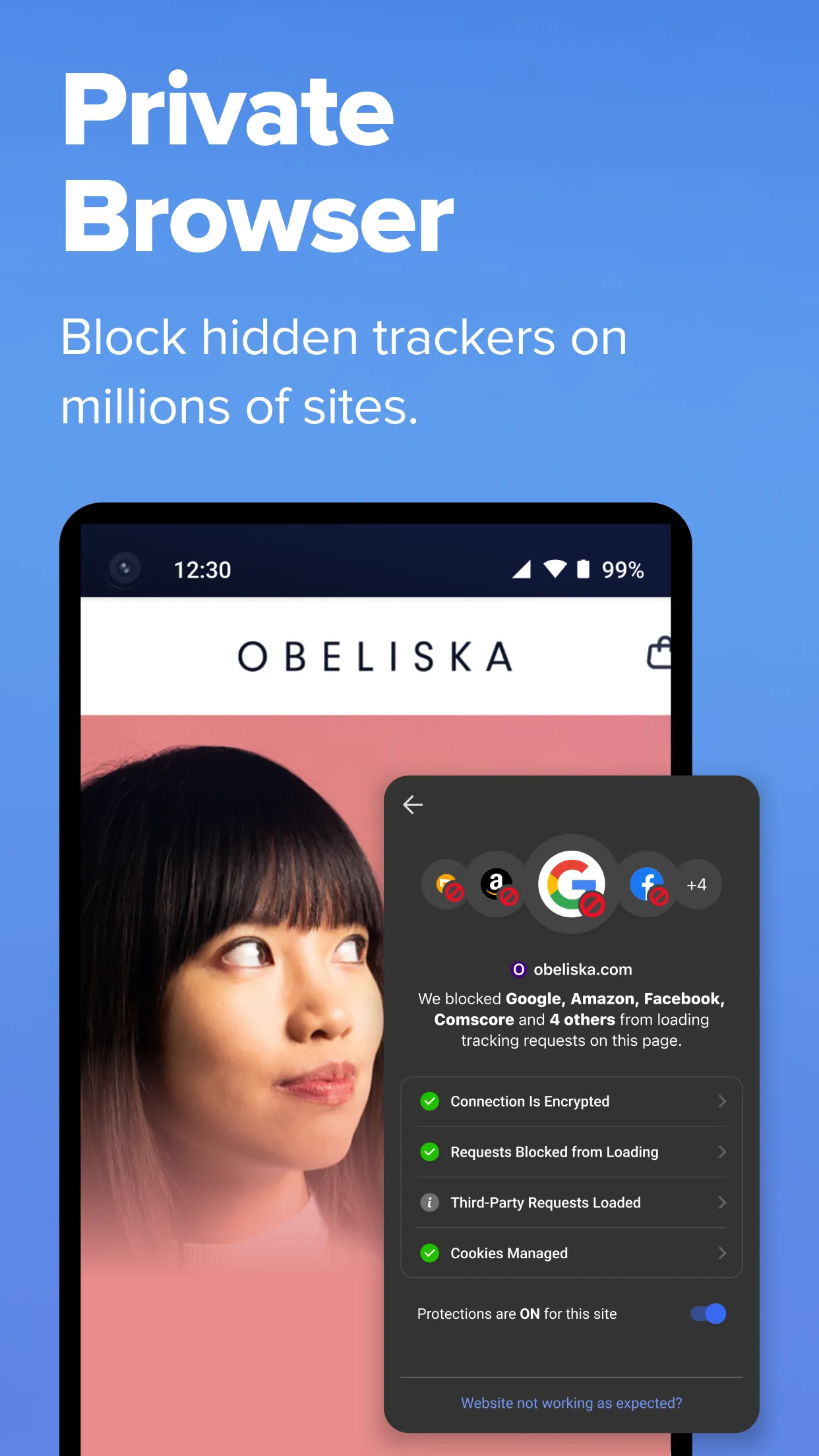 Quảng cáo ứng dụng DuckDuckGo cho Android, tập trung vào các tính năng bảo vệ quyền riêng tư.