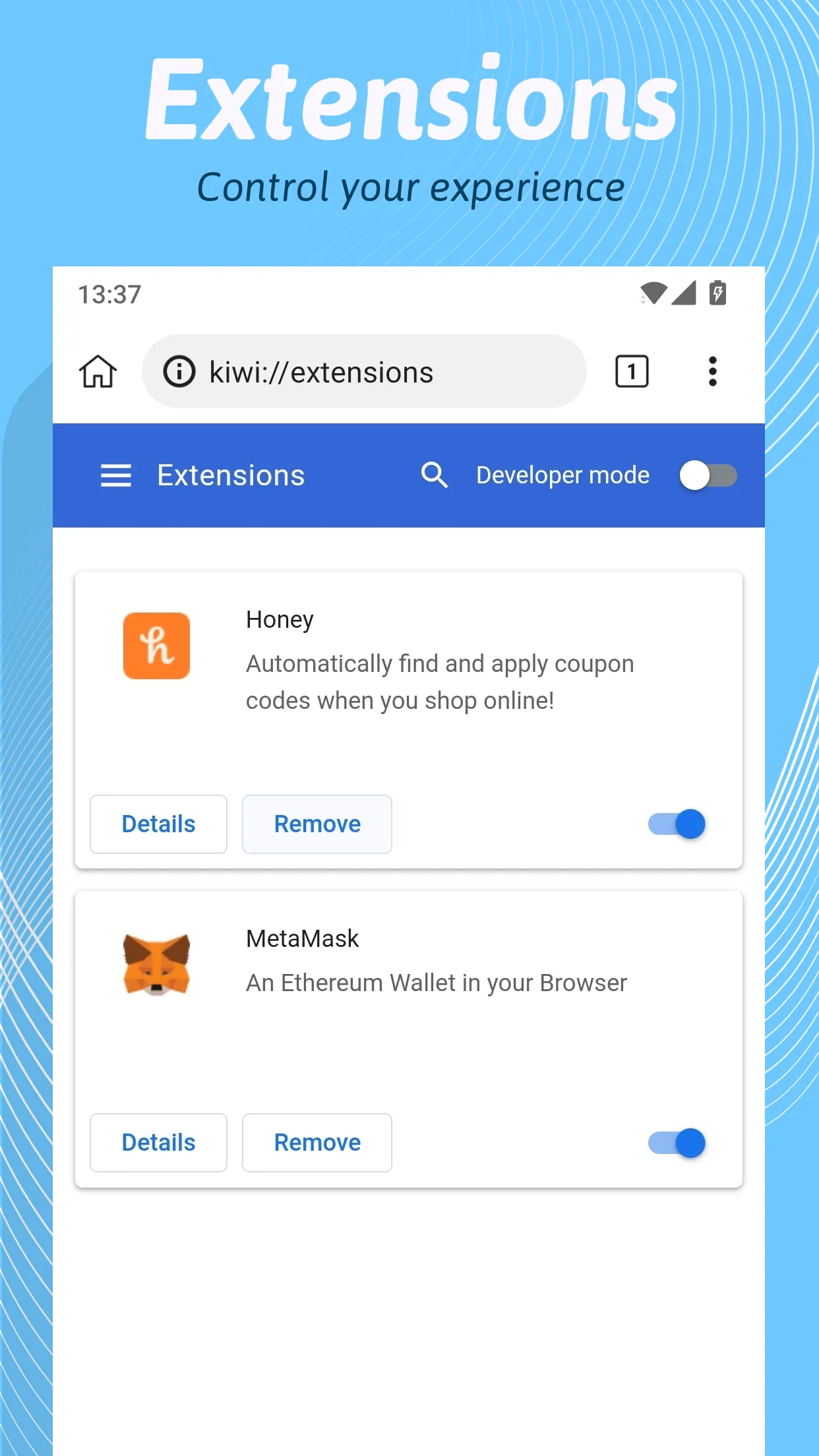 Quảng cáo ứng dụng Kiwi Browser trên điện thoại Android, nổi bật khả năng hỗ trợ tiện ích mở rộng.