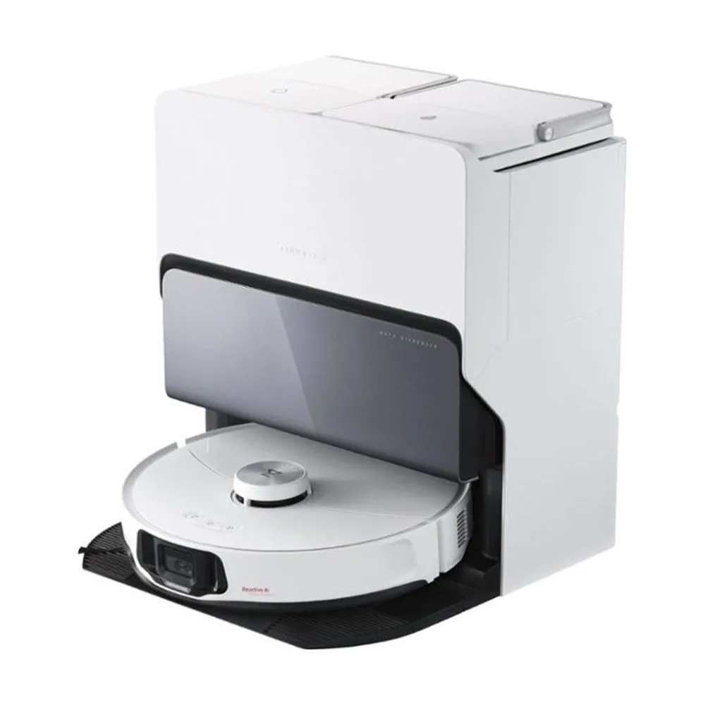 Robot hút bụi lau nhà Roborock S8 MaxV Ultra màu trắng đặt trên nền trắng sạch sẽ.