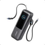 Sạc dự phòng Anker Power Bank 25K màu trắng với hai cáp sạc tích hợp và màn hình TFT màu hiển thị thông số.