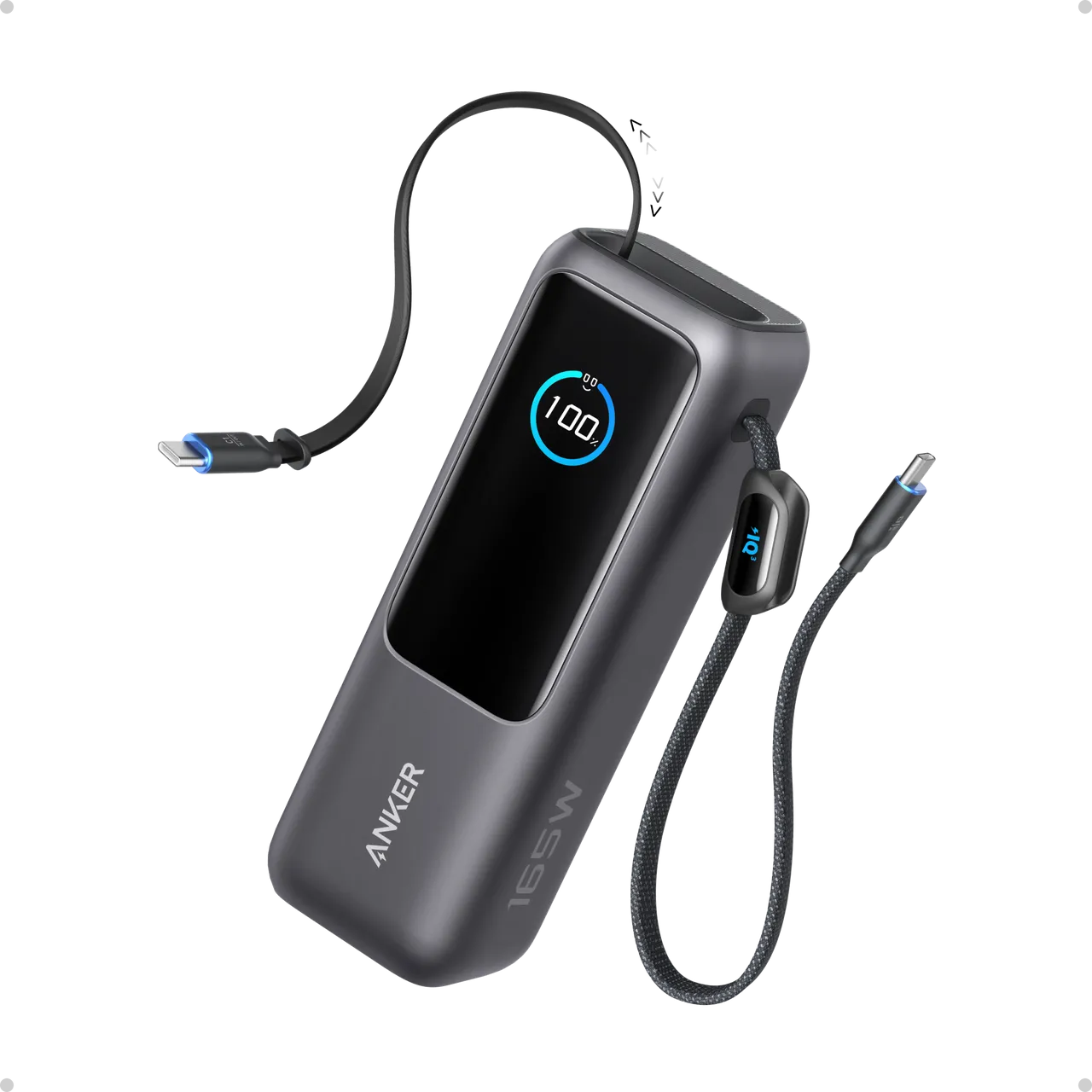Sạc dự phòng Anker Power Bank 25K màu trắng với hai cáp sạc tích hợp và màn hình TFT màu hiển thị thông số.