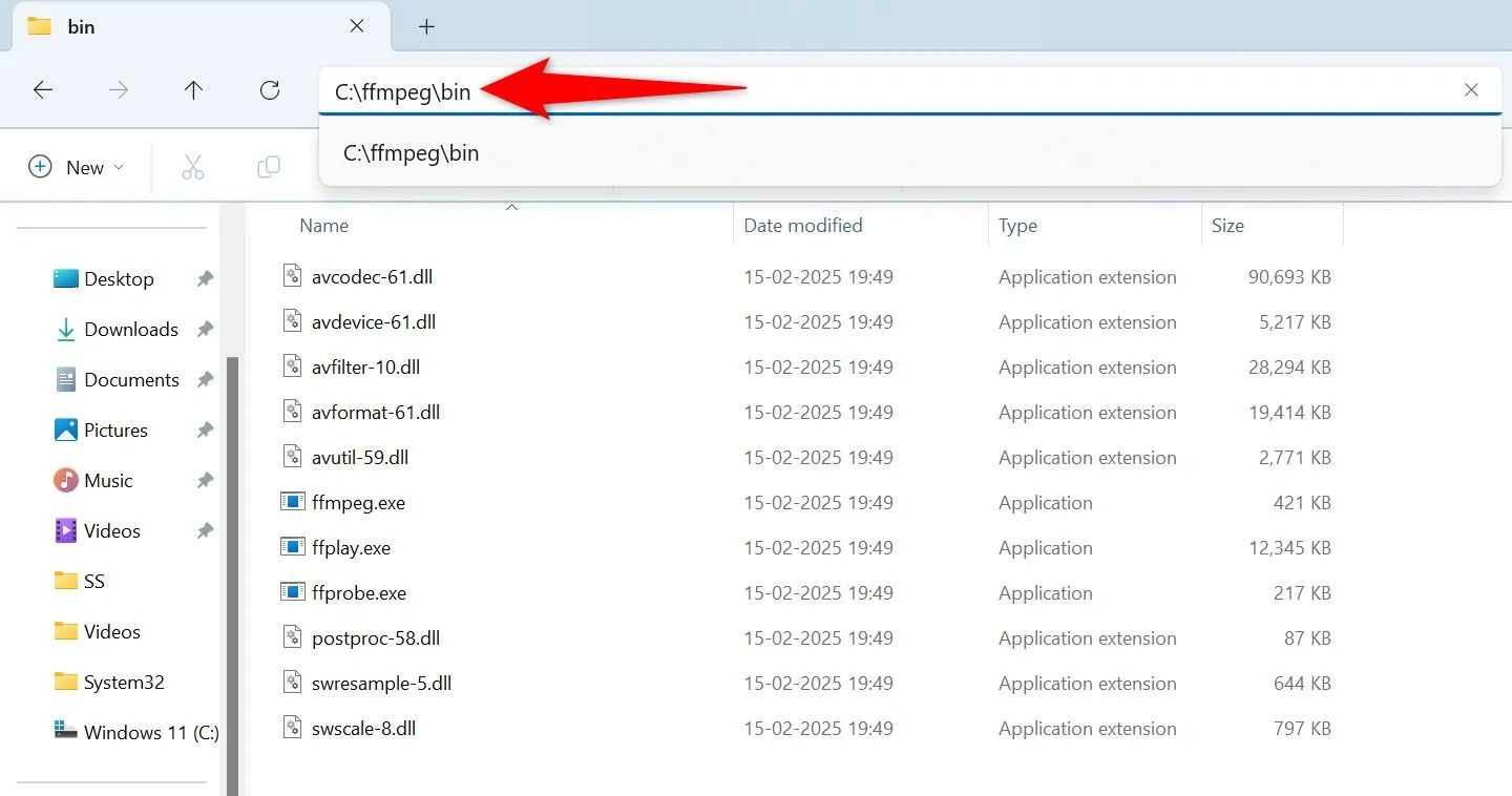 Sao chép đường dẫn thư mục bin của FFmpeg để thiết lập biến môi trường