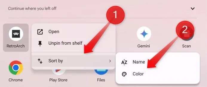 Sắp xếp các ứng dụng theo màu sắc trong Trình khởi chạy (Launcher) của ChromeOS.