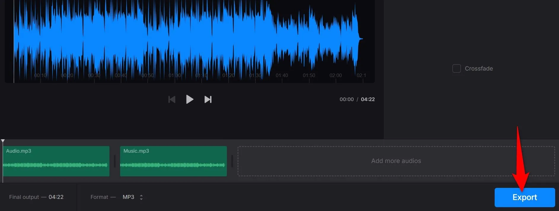 Sắp xếp và xuất file âm thanh đã ghép từ công cụ trực tuyến Clideo