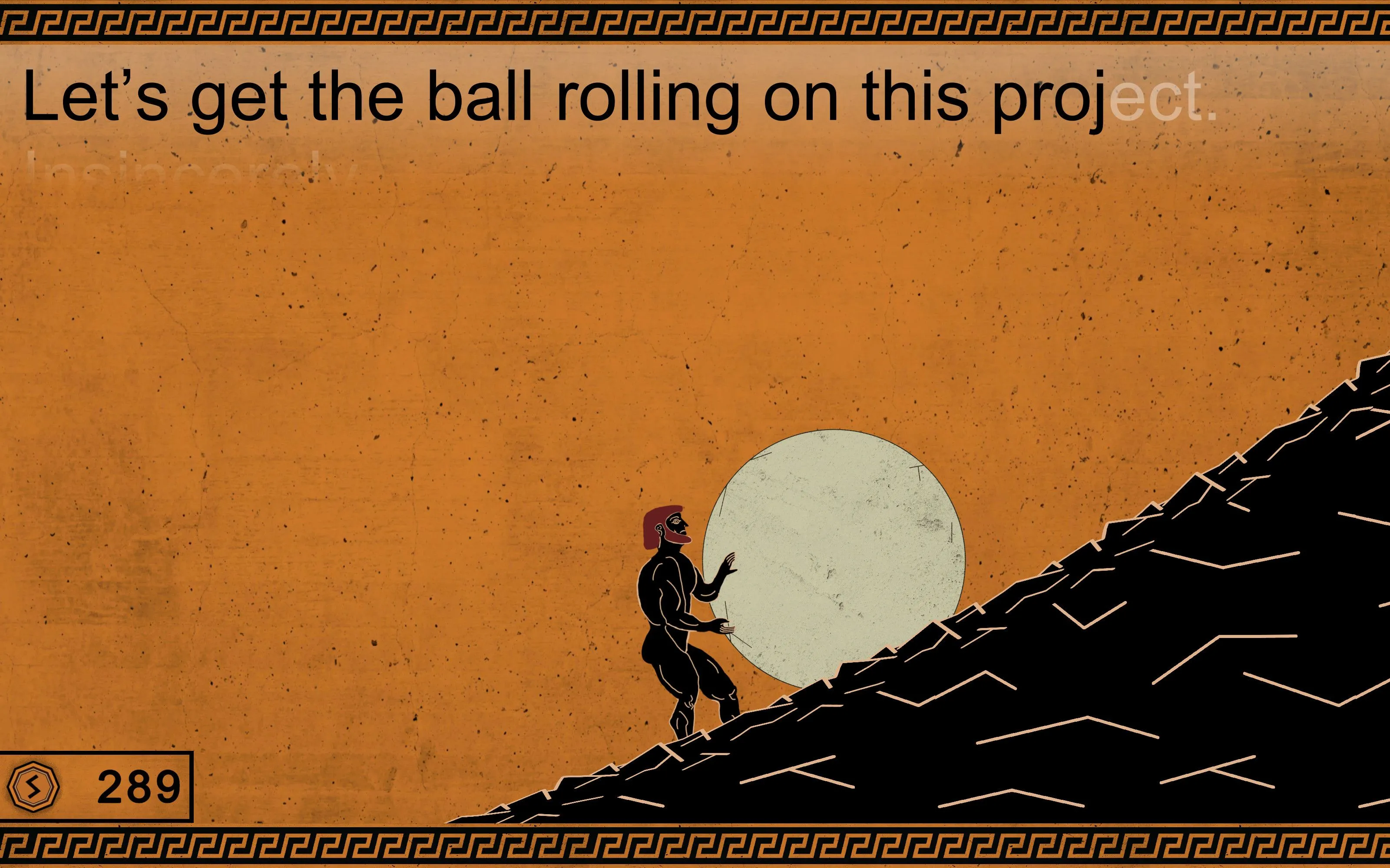 Sisyphus đang lăn tảng đá lên đồi trong game gõ phím Mondays: A Sisyphean Typing Game.
