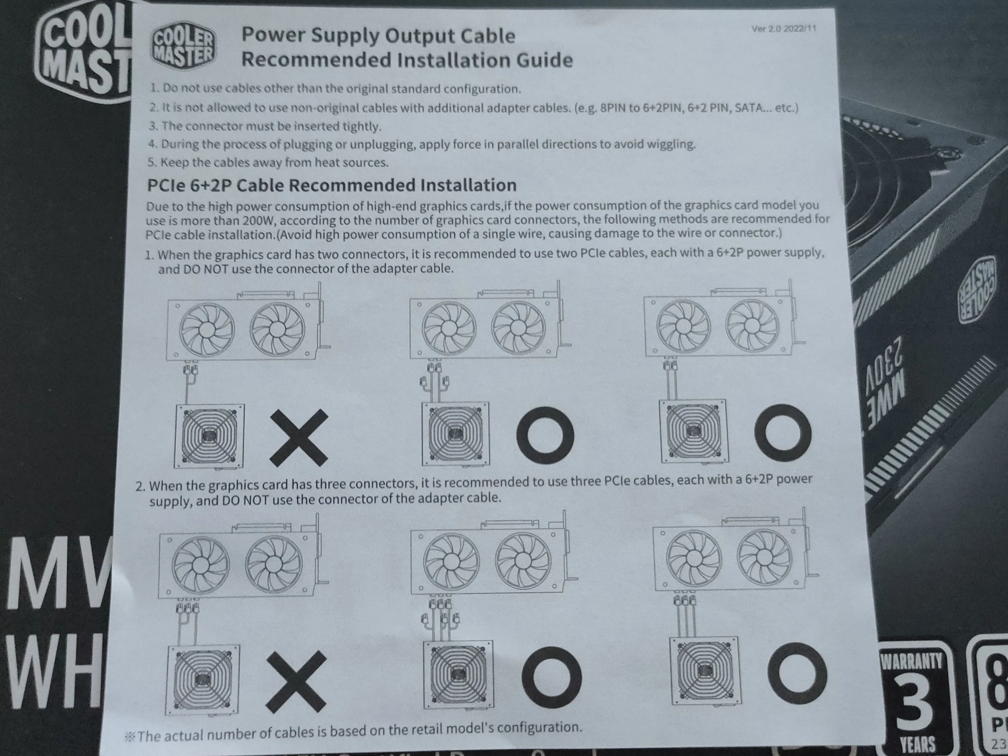 Sơ đồ từ sách hướng dẫn bộ nguồn Cooler Master, chỉ cách kết nối cáp nguồn PCIe từ PSU đến card đồ họa một cách đúng đắn.
