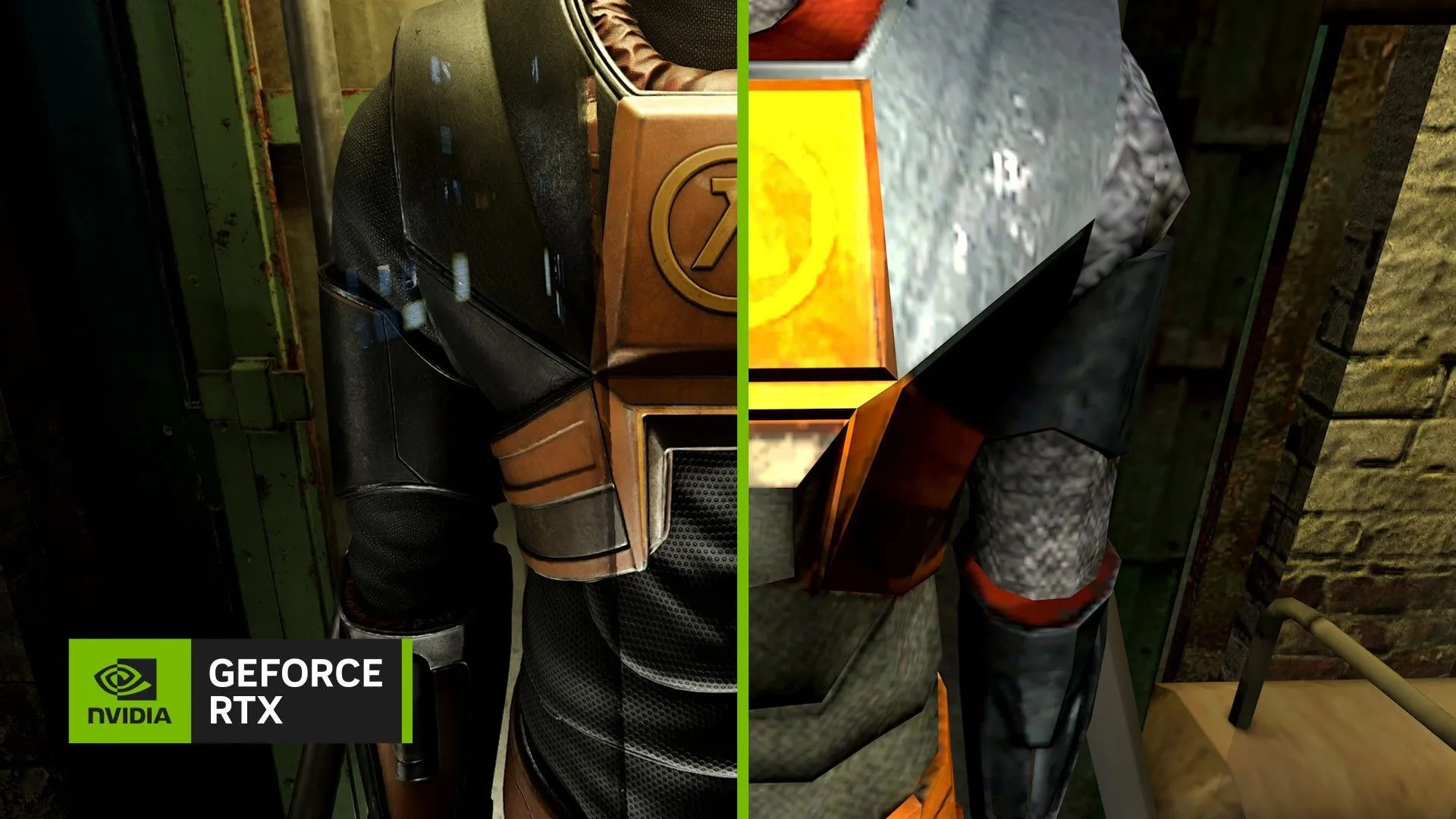 So sánh áo giáp Half-Life 2 trước và sau khi nâng cấp AI của NVIDIA Geforce RTX, cho thấy sự cải thiện đồ họa.