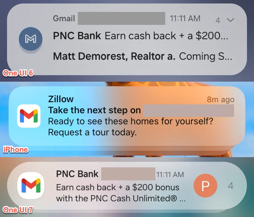 So sánh cách hiển thị thông báo nhóm trên iPhone (kiểu xếp chồng), Samsung One UI 6 (kiểu danh sách) và One UI 7 (kiểu xếp chồng)