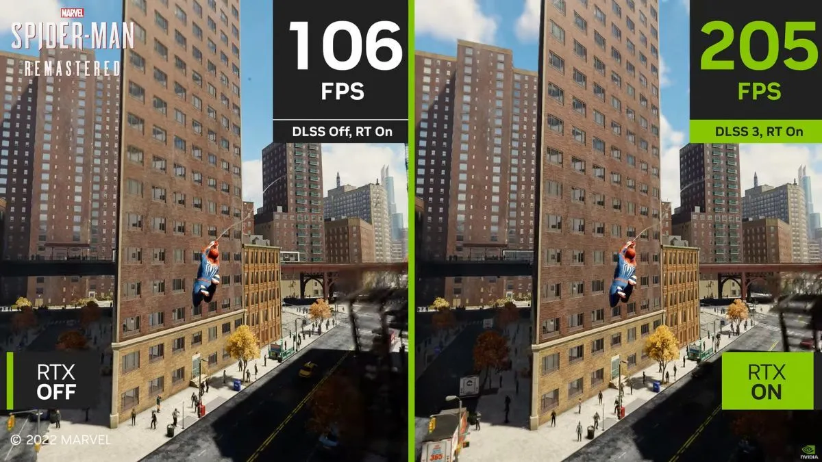 So sánh hiệu suất Spider-Man Remastered với DLSS 3 bật và tắt