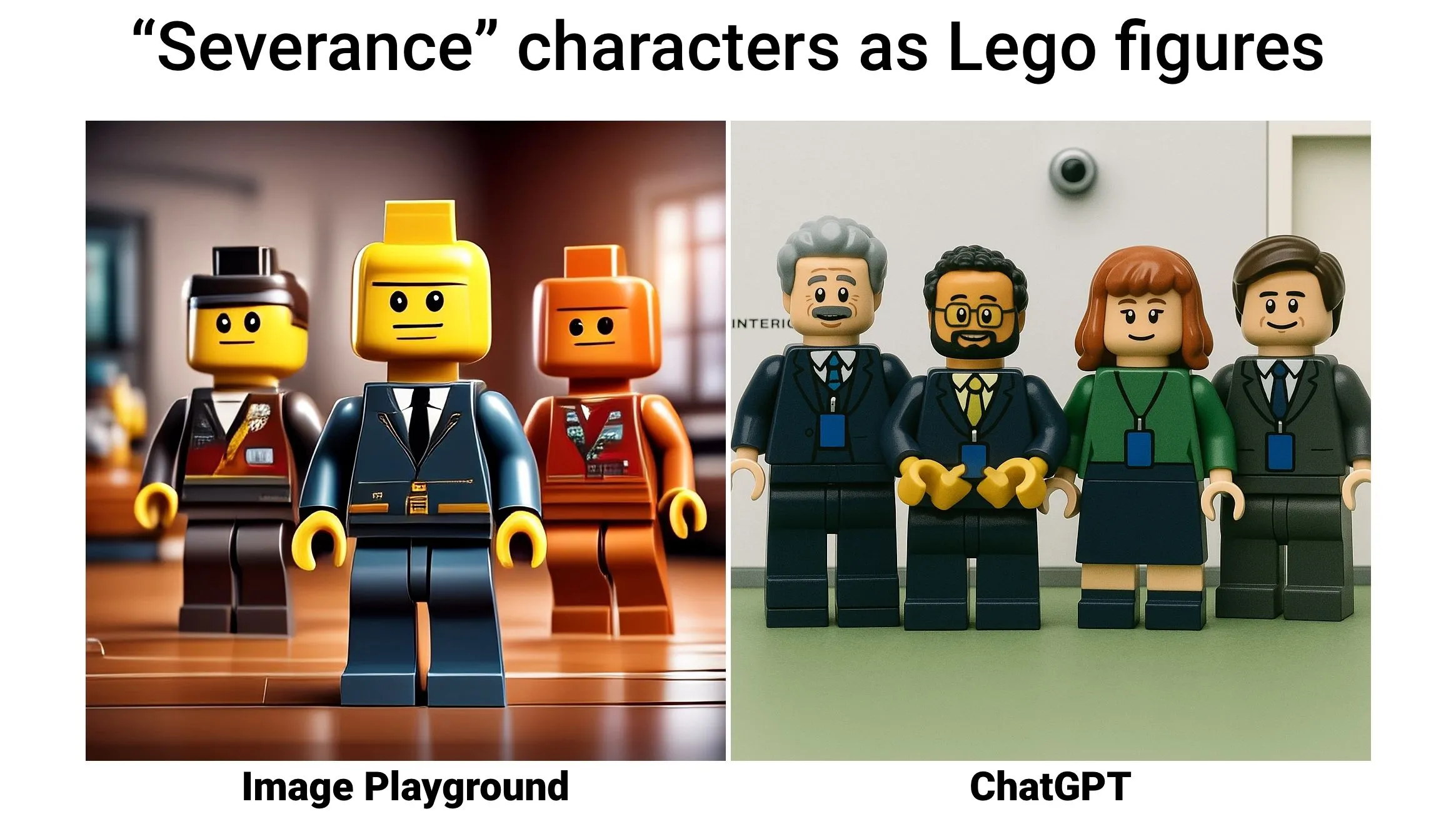 So sánh khả năng tạo hình ảnh AI của Image Playground và ChatGPT với nhân vật Lego từ phim Severance.
