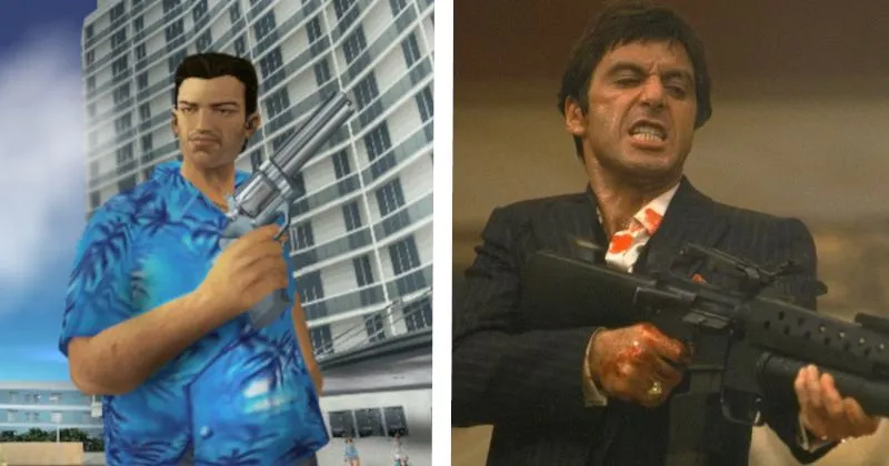 So sánh Tony Montana từ Scarface và Tommy Vercetti từ Grand Theft Auto: Vice City, minh họa sự tương đồng về phong cách.