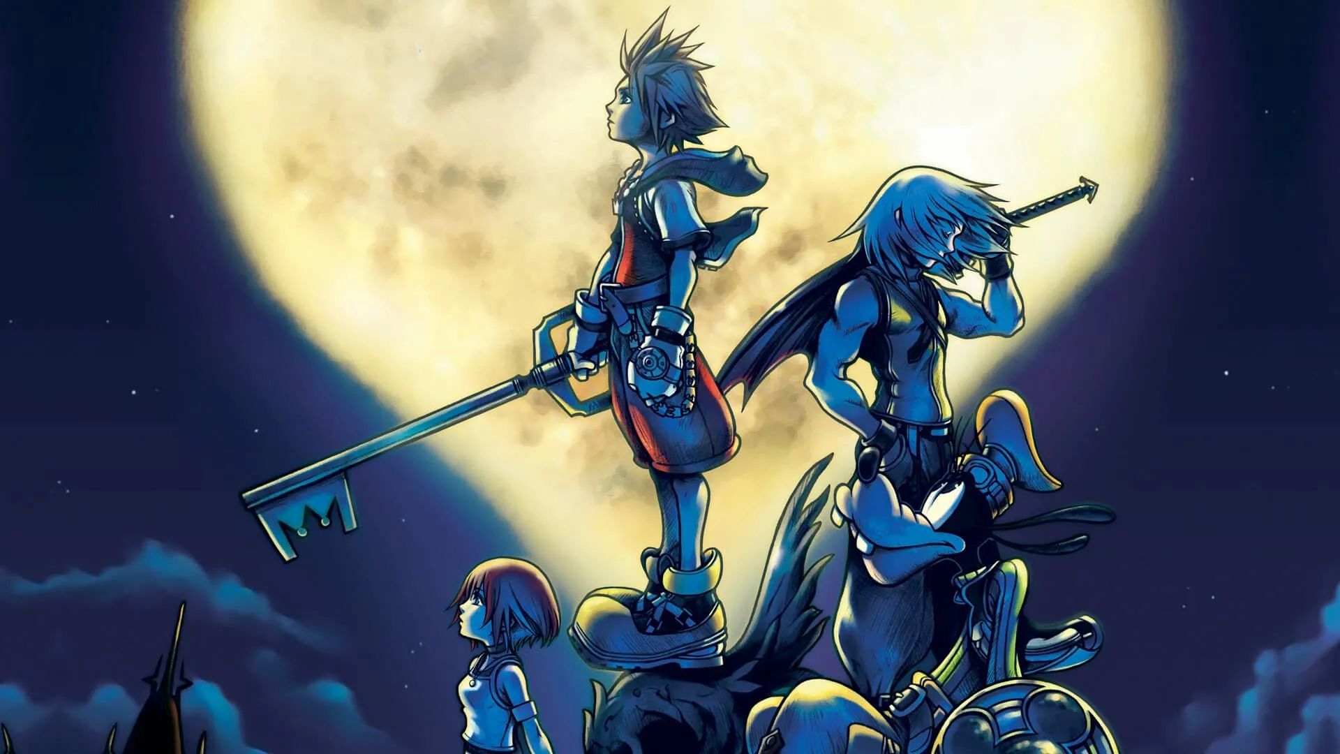 Sora, Riku, Kairi và Goofy trên bìa artwork gốc của Kingdom Hearts, biểu tượng cho series game crossover với cốt truyện cực kỳ rối rắm.