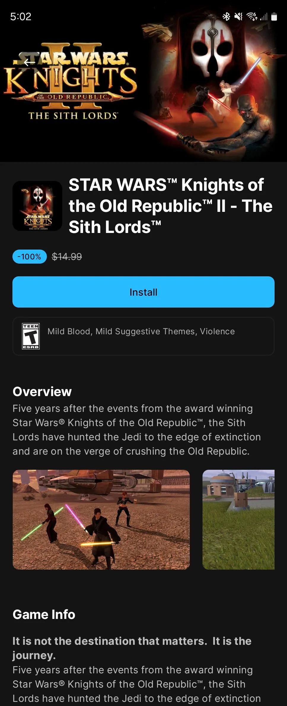 Star Wars Knights of the Old Republic II cũng miễn phí trên Epic Games Store mobile.